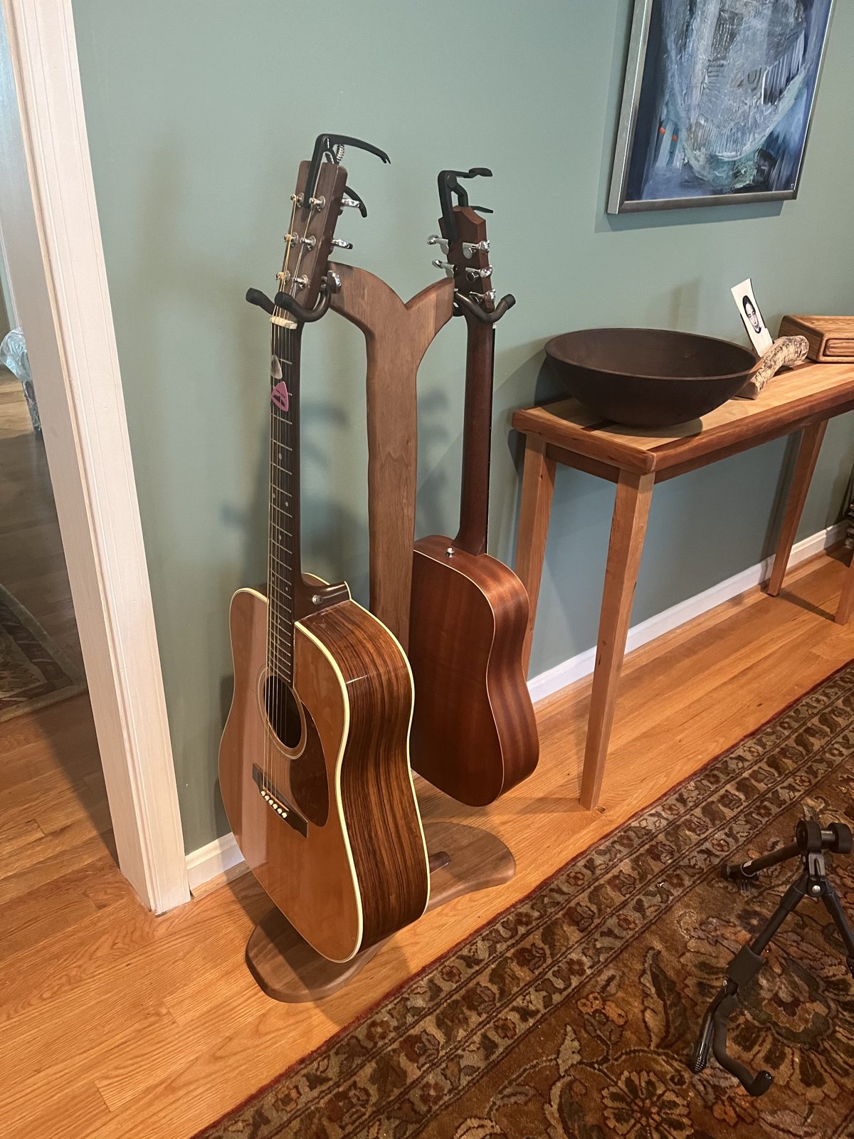 Walnut and steel double guitar stand