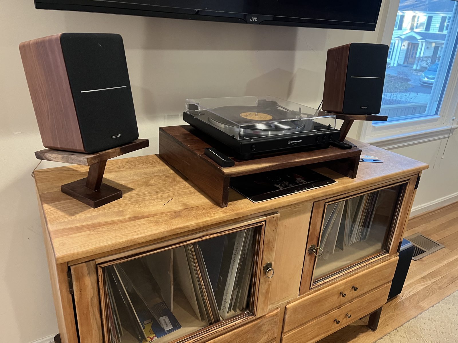 Upcycled maple vinyl cabinet with glass doors and walnut speaker stands